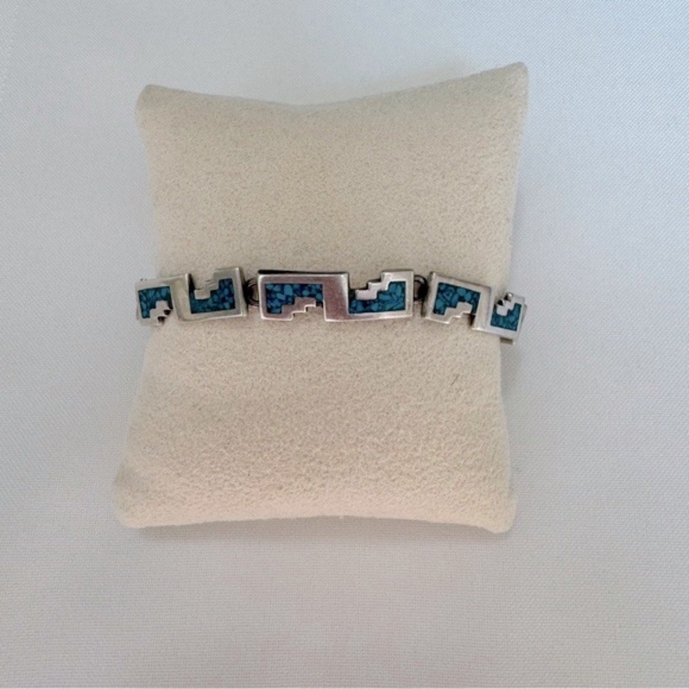Vintage Mexico 925 Sterling Silver Turquoise Inlay Link Bracelet 7.5"